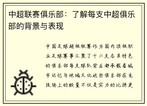 中超联赛俱乐部：了解每支中超俱乐部的背景与表现